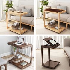 three different views of a coffee table with a laptop on it