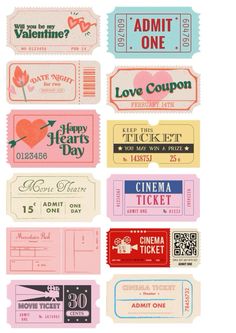 several different types of tickets with the words admit one and love coupon on them