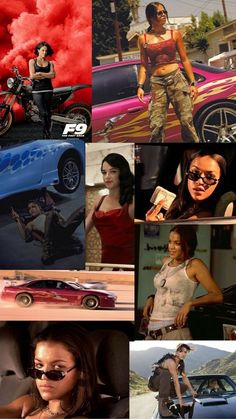 the collage shows many different people and their cars, including one woman in sunglasses