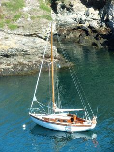 a small sailboat floating in the water near some rocks and green grass on the shore