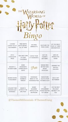 the wizarding world of harry potter bingo is shown with gold confetti on it