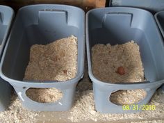 three plastic bins filled with food on top of a floor