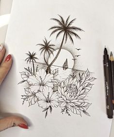 a woman is drawing flowers and palm trees on a piece of paper with crayons