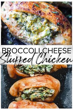 broccoli and cheese stuffed chicken is shown in this collage with text overlay