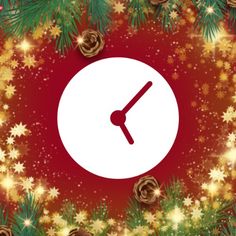 a clock surrounded by christmas decorations on a red and green background with gold snowflakes