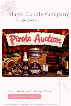 a flyer for a pirate auction with candles and other items on the table in front of it