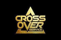 the cross over service logo is shown in gold on a black background with an arrow