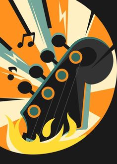 an illustration of a guitar with music notes coming out of it's back end