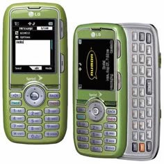 two cell phones side by side, one green and the other silver with a white screen