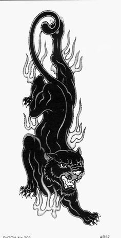 a black and white drawing of a lion with flames on it's back legs