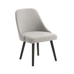 an upholstered chair with black legs and a light gray fabric seat pad, viewed from the front