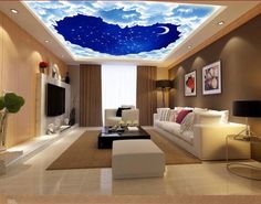 a living room filled with furniture and a sky painted on the ceiling