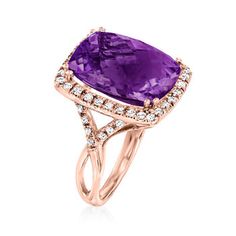 Ross-Simons - 9.50ct Amethyst, .41ct t. w. Diamond Ring Emerald Cut in 14kt Rose Gold. Size 9. Get your style game on with our regal ring! An impressive 9.50 carat rectangular cushion-cut amethyst mesmerizes with its deep purple hue and icy .41 ct. t. w. round brilliant-cut diamond frame and shank. Shining in 14kt rose gold. 3/4" wide. Diamond and amethyst ring. Amethyst birthstones are the perfect gift for February birthdays. Diamond Ring Emerald Cut, Diamond Ring Emerald, Ring Emerald Cut, Amethyst Birthstone, Rectangular Cushion, Emerald Cut Diamond Ring, February Birthday, Amethyst And Diamond Ring, Diamond Frame