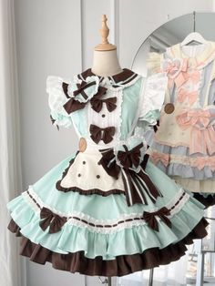 Mint Green and Chocolate Sweet Maid Apron Lolita Dress Full Set Maid Apron, Magical Girl Outfit, Mint Green Dress, Lolita Outfits, Clothing Design Sketches, Theme Dress, Dress Design Sketches, Maid Dress, Oui Oui