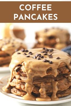 a stack of pancakes covered in frosting and chocolate chips