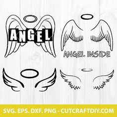 angel wings with the word angel inside in black and white, on a wooden background