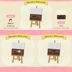 an animal crossing character is standing in front of a wooden easel with the words spooky welcome and spooky welcome