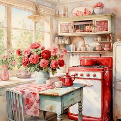 a painting of a kitchen with red flowers on the table and an old fashioned stove