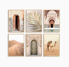 four different pictures with camels, palm leaves and an arch in the middle one has a door