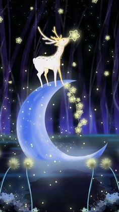 a deer is standing on the moon in the night sky with stars and sparkles