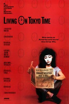 the poster for living on tokyo time shows a woman with white makeup holding a newspaper