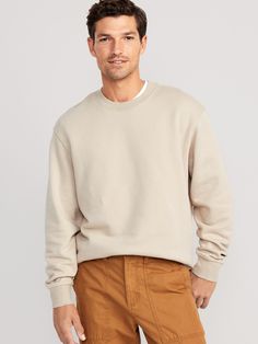 rib-knit crew neck drop-shoulder sleeves rib-knit cuffs rib-knit hem oversized fit hits below waist model is approximately 6'1" and wears size mmachine wash according to the care instruction label Crew Neck Sweater Men, Stylish Men Casual, Pajamas Gift, Old Navy Men, Newborn Family, Men's Tops, Beige Sweater, Jogger Sweatpants, Knit Cuff