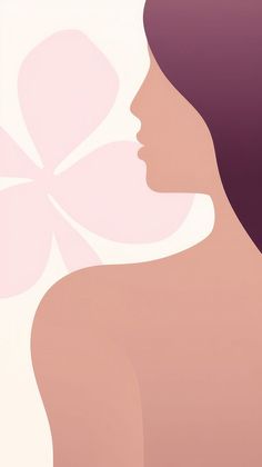 a woman's profile with a flower in her hair, on a pink and white background