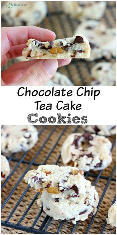 chocolate chip tea cake cookies on a cooling rack with text overlay that reads, chocolate chip tea cake cookies