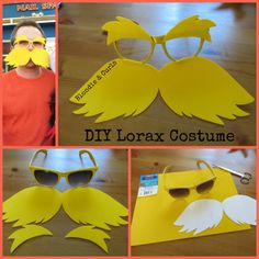 the diy lorax costume is made out of construction paper and plastic sunglasses