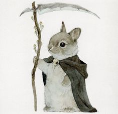 a painting of a rabbit holding a knife and wearing a cape with flowers on it