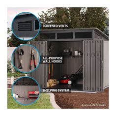 an outdoor storage shed with instructions on how to use it