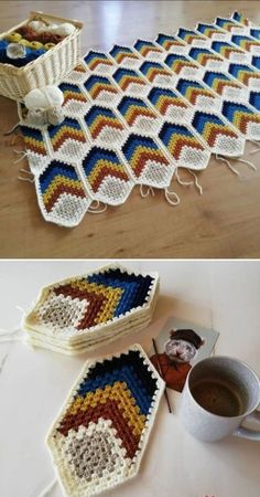 crocheted table runner with coffee cup and book on the floor next to it