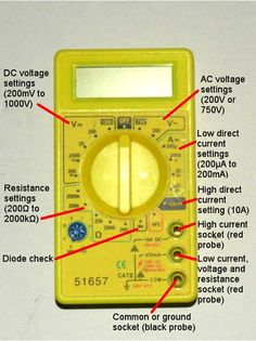 an electronic multimeter with labels on the front and back side, labeled in red