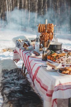 a table with food and drinks on it in the snow next to a black dog