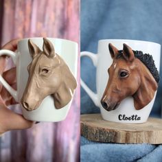 two coffee mugs with horses on them, one is brown and the other is white