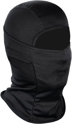 a black face mask is shown with the hood open and it's zippered