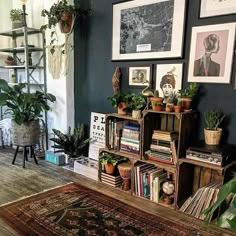 a living room filled with lots of plants and bookshelves on top of a wooden floor