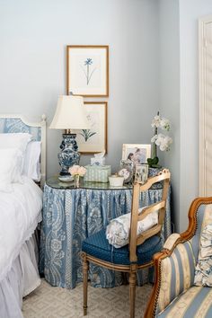 a bed room with a neatly made bed and a chair in front of the bed