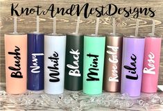 six personalized stainless steel tumbles with the names of different colors