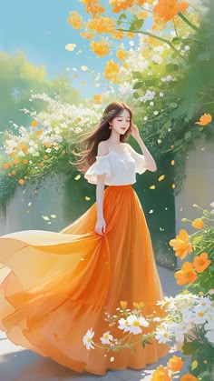 a woman in an orange dress is walking through some flowers and has her hair blowing in the wind