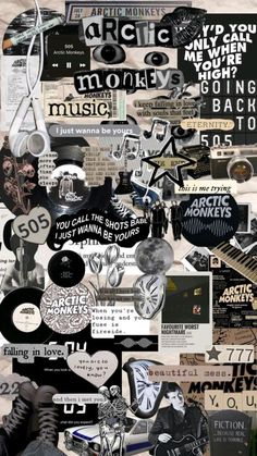 a collage of music related items is shown in black and white, as well as the