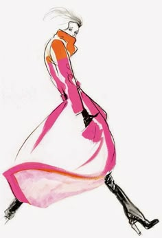 a drawing of a woman in a pink dress and high heeled boots, with her hand on her hip