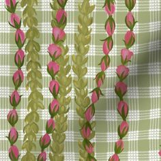 some pink flowers and green leaves on a checkered background