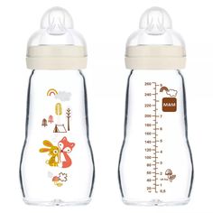 two baby bottles with animals on them, one for feeding and the other for feeding