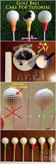 the instructions for how to make golf balls cake pops with fondant and marshmallows