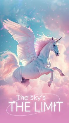 the sky's the limit poster with an unicorn flying in the sky and clouds