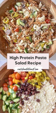 two plates filled with pasta and vegetables on top of each other, next to the words high protein pasta salad recipe