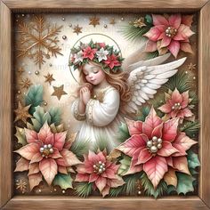 a painting of an angel surrounded by poinsettis and stars in a wooden frame