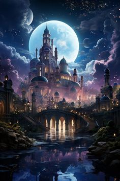 an artistic painting of a castle at night