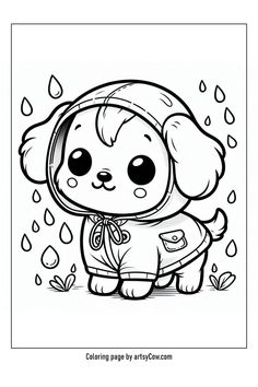 a coloring page with a dog wearing an umbrella and raindrops in the background